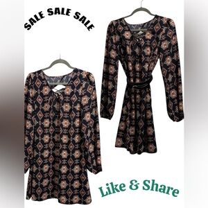 Western Boho Fall Dress – Black, Long Sleeve, Knee Length, Size L 🍁🌹🍂